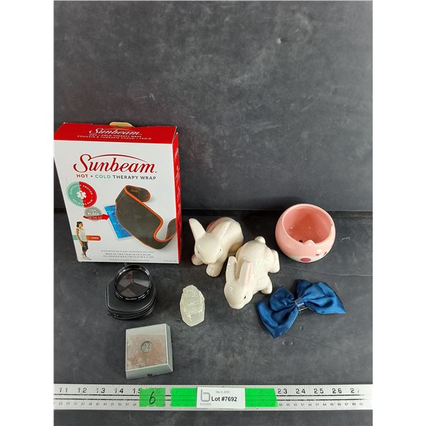 Sunbeam Hot & Cold Therapy Wrap, Porcelain Bunny Ornaments, Optex Multiple Image Lens, Small Planter