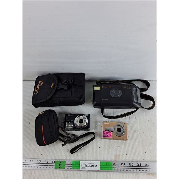 Polaroid Film Camera, Nikon & Sanyo Digital Cameras - As Is, Camera Bags
