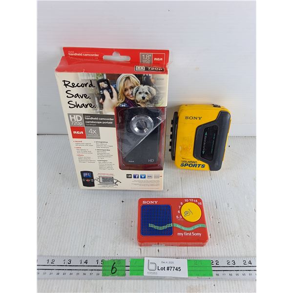 RCA HD Digital Handheld Camcorder, Sony Walkman Sports Player, Sony AM Receiver - As Is