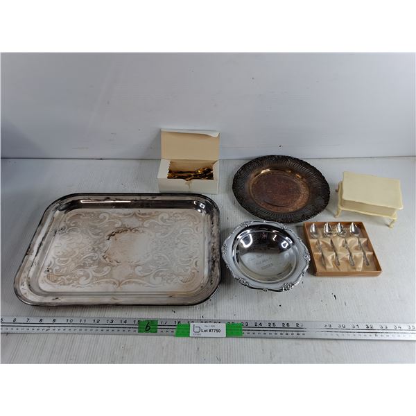 Silver Serving Tray 16" x 12" Tea Spoons, Silver Bowl & Plate, Jewelry Box