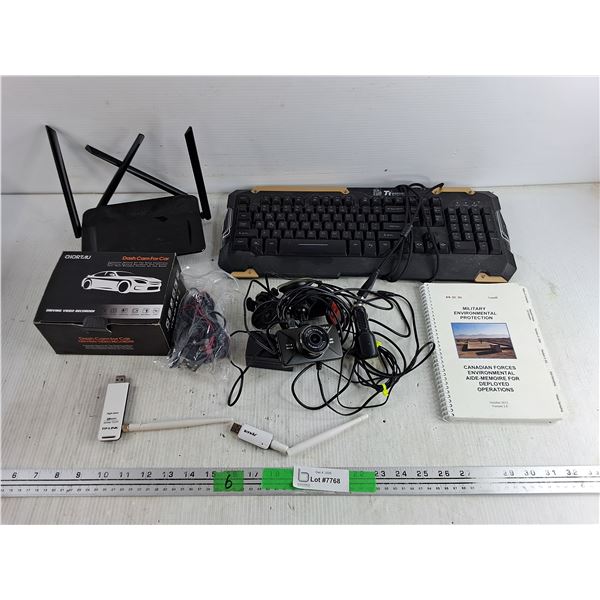 Chortau Dash Cam for Car, D Link WiFi Router, Thermaltake Keyboard, Misc, As Is
