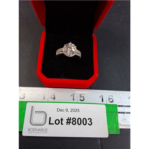 ^ 3 Ct GRA Certified Moissanite Stone w/74 Cubic Zirconia in Sterling Silver Band - Size 7.25
