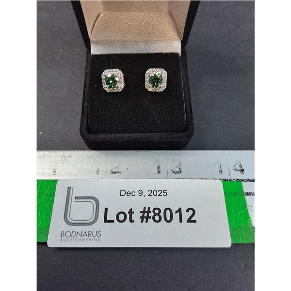 ^ 1 Ct GRA Certified Moissanite Green Stone w/32 Cubic Zirconia Set in Sterling Silver Stud Earrings