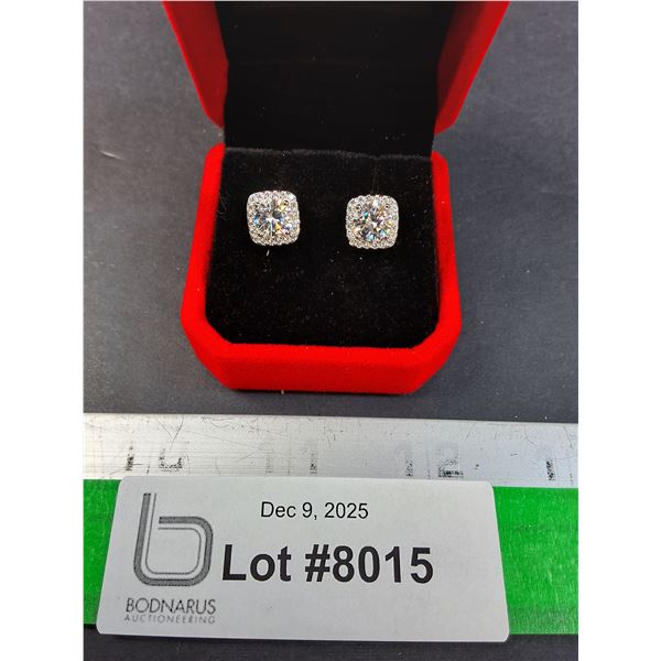 ^ 2 Ct GRA Certified Mossanite Stone w/40 Cubic Zirconia Set in Sterling Silver Stud Earrings