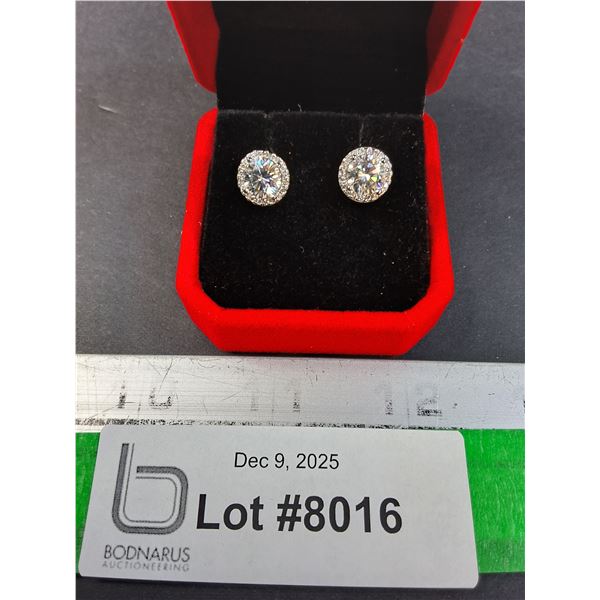 ^ 2 Ct GRA Certified Moissanite Stone w/ 40 Cubic Zirconia Set in Sterling Silver Stud Earrings w/Sc