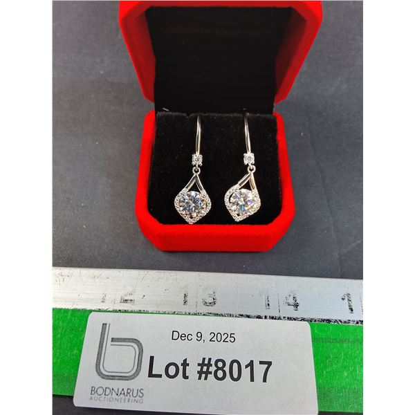 ^ 4 Ct GRA Certified Moissanite Stones Set in Tear Drop Earring w/34 Cubic Zirconia Set in Sterling 