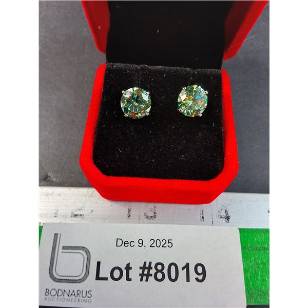 ^ 6 Ct GRA Certified Moissanite Bluish Green Color Stones Set in Sterling Silver Stud Earrings