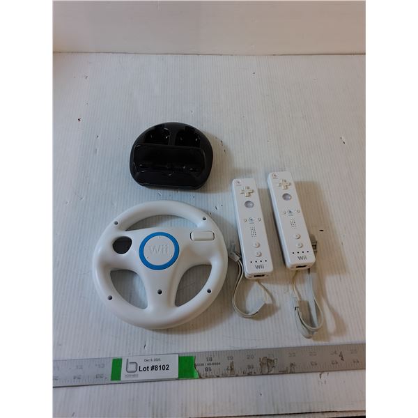 7" Wii Wheel, (2) Wii Remote Controllers, Insignia Stand