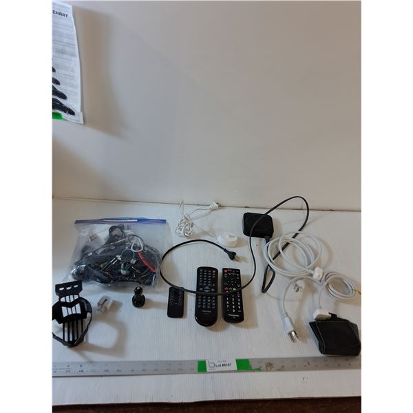 Various Cords, Bag of Headphones, (2) Remotes, Wireless Apple Charging Pad, Misc