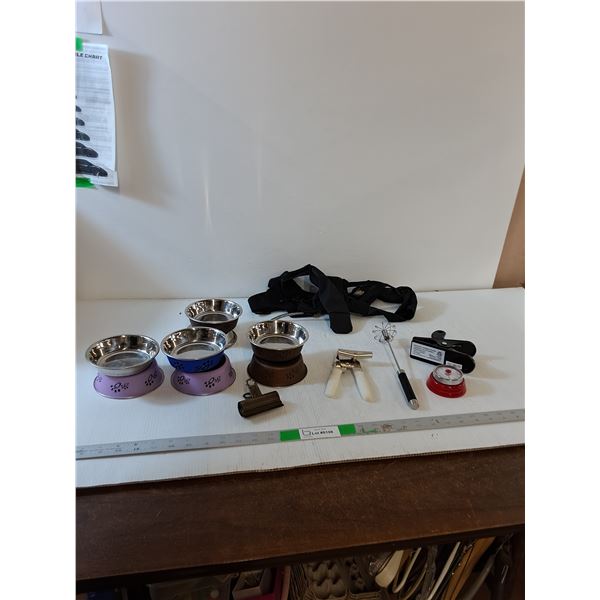 (8) Cat Bowls, Can Opener, Whisk, Timer, Clamp, Harness