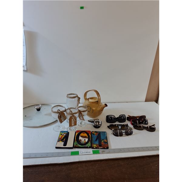 Candle Wine Glasses, Pot Lid, Ceramic Tea Pot, (6) Sunglasses, Misc