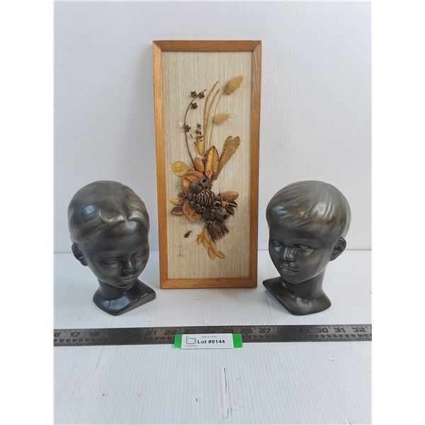 (2) Porcelain Busts of Children, Pinecone Wall Decor - Pick Up Preferred