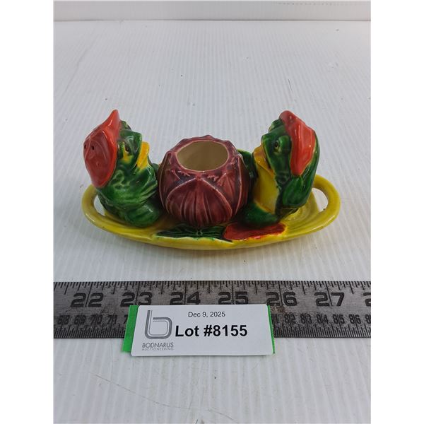 Vintage Ceramic "Frog" Salt & Pepper Shakers & Toothpick Holder on Tray