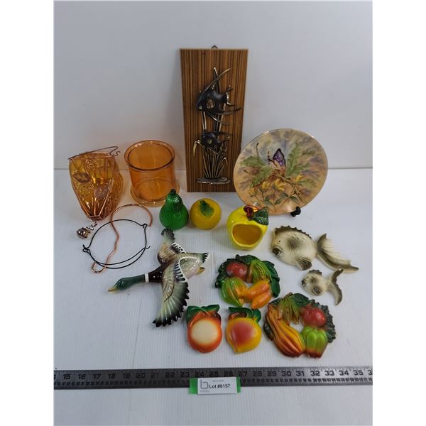 Chalkware & Angelfish Wall Decor, Decorative Plate, Orange Glass Candle Holders, Glass Table Decor