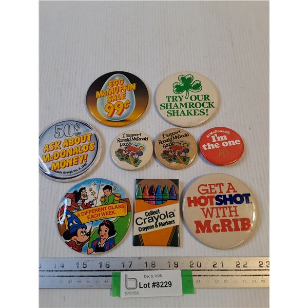 (9) Retro McDonald's Collector Pins - 1980's