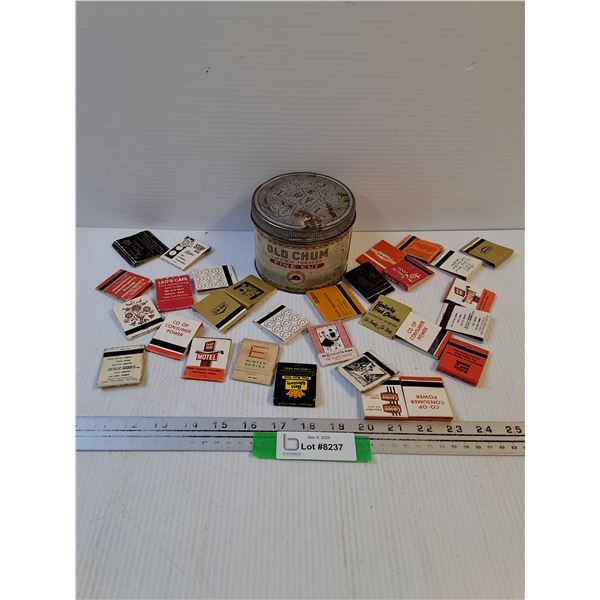 Old Chum Tobacco Tin w/Collector Matches Lot