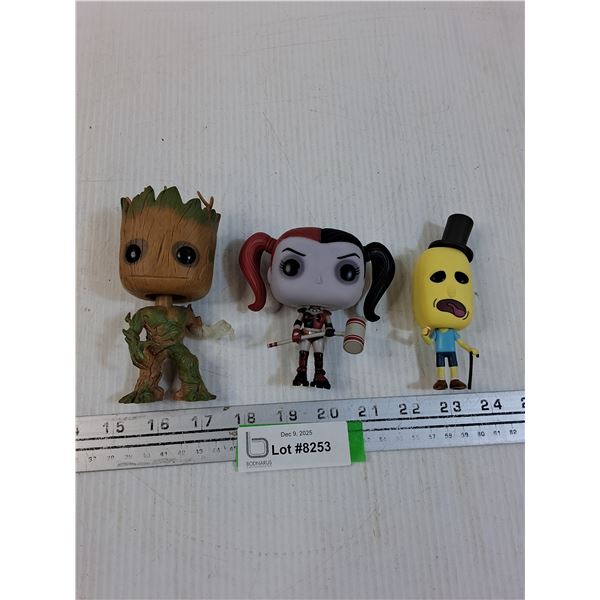 (3) Funko POP Figurines: Groot, Harley Quinn, Mr.Poopy