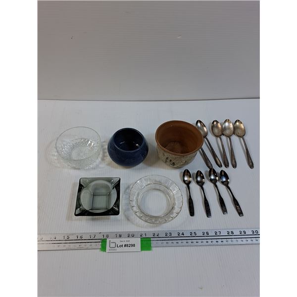 (2) Ashtrays, Silver Plated Spoon Set, (2) Ceramic Bowls, Made in France Glass Bowl
