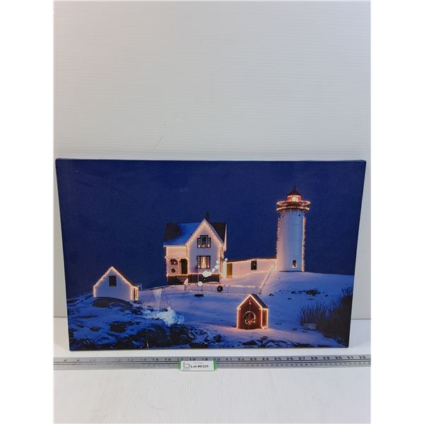 East Coast House & Lighthouse Winter Theme Light up Picture - Needs Batteries, As Is - 23.5" x 16"