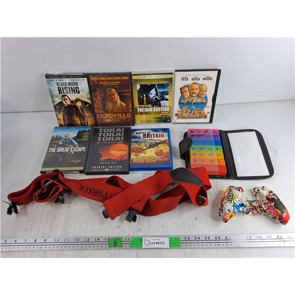 Suspenders, Xbox Joystick Silicone Cover, Medicine Organizer, DVD Movies