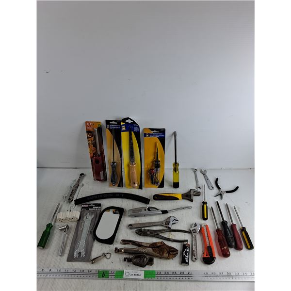 Round Bastard File, Wallboard Saw, 6 & 12V Circuit Tester, Screwdrivers, Wrenches, Vise Grips, Misc