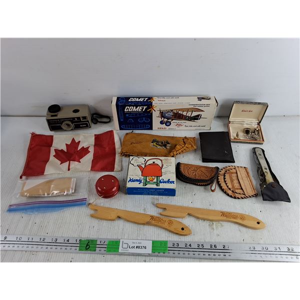 Hawkeye Instamatic Camera, Comet Construction Kit, Handy Cooker, Canadian Flag, Wallet, Coin Bags
