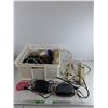 Image 1 : Power Bars, AM/FM Radio Alarms, Fly Swatter, Misc Cords, Telephones, Plastic Crate, Misc, As Is