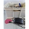 Image 2 : Power Bars, AM/FM Radio Alarms, Fly Swatter, Misc Cords, Telephones, Plastic Crate, Misc, As Is