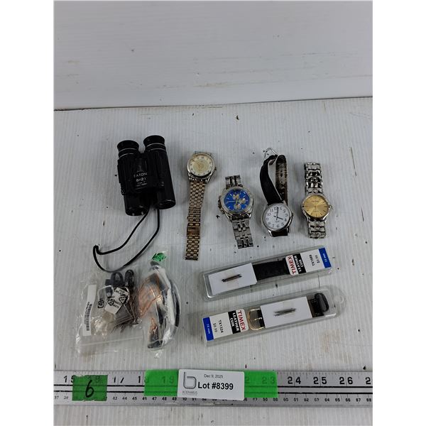 Assorted Quartz Watches, Eaton Binoculars, Timex Watch Bracelets