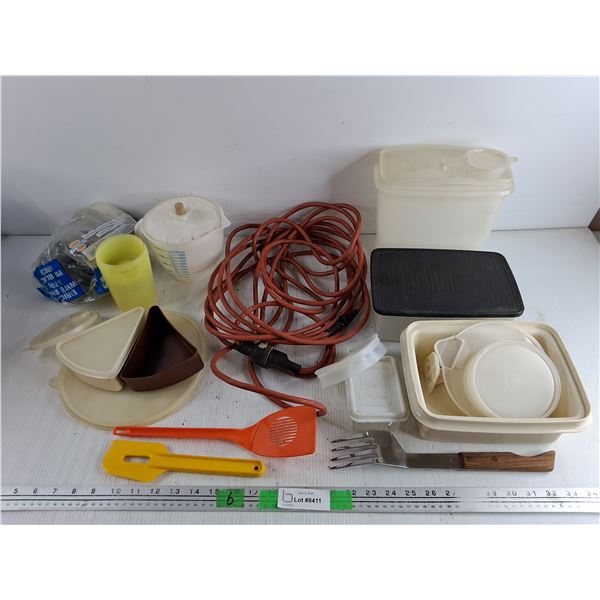 Tupperware Containers, Extension Cord - Approx 9', Plastic Spatula, Measuring Pitcher, Misc