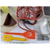 Image 4 : Tupperware Containers, Extension Cord - Approx 9', Plastic Spatula, Measuring Pitcher, Misc