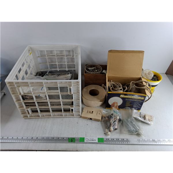Assorted Hardware, Plastic Crate 13" x 16" x 11", Rope, Door Stoppers, Furniture Wheels, Misc