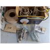 Image 4 : Assorted Hardware, Plastic Crate 13" x 16" x 11", Rope, Door Stoppers, Furniture Wheels, Misc