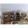 Image 5 : Assorted Hardware, Plastic Crate 13" x 16" x 11", Rope, Door Stoppers, Furniture Wheels, Misc