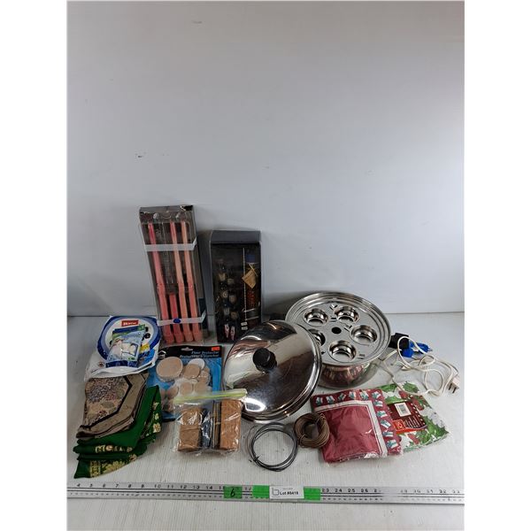 Poached Egg Pot with Lid, Assorted Candles, Floor Protectors, Napkins, Coin Wrappers, Glue Gun, Misc
