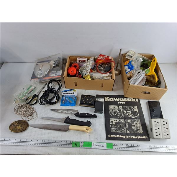 Kitchen Knives, Mastercraft Laser Parking Guide, Belt Buckle, Kawasaki Magazine, Flashlight, Misc