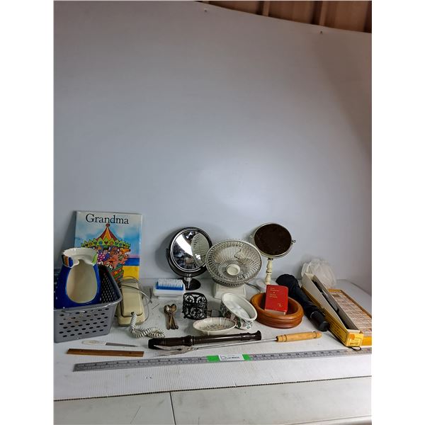 Childrens Book, (2) Desk Mirrors, Vintage Spoons, Desk Fan, Umbrella, Recorder,Misc- Cannot Ship
