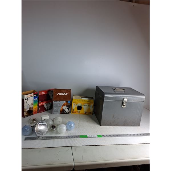 (8) Various Lightulbs,  Tin  Box 13"x10"x10"
