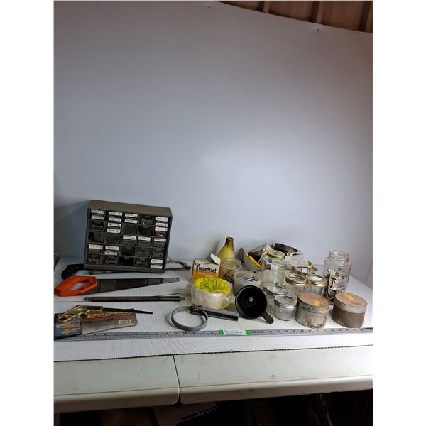 Hand Saw, Various Jars,  Funnel, Small Parts Organizer, Misc- Cannot Ship