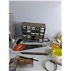 Image 2 : Hand Saw, Various Jars,  Funnel, Small Parts Organizer, Misc- Cannot Ship