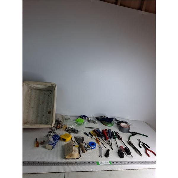 Various Screwdrivers, Allen Keys,Tape Measures,Duct Tape,Painters Tape, Basket 13"x9"x7", misc