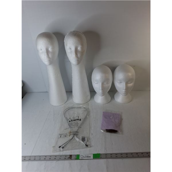 (4) Styrofoam Heads Up to 20", Wig Liners & Wig Stand - PICK UP