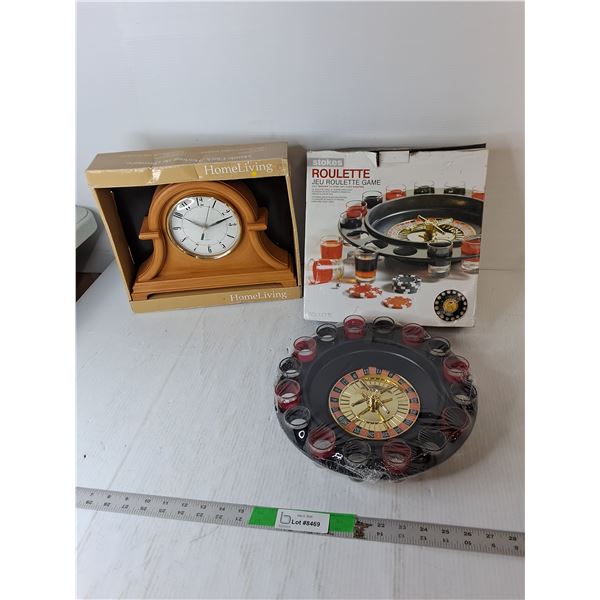 Wooden Mantle Clock & Roulette Drinking Game- Both NIB