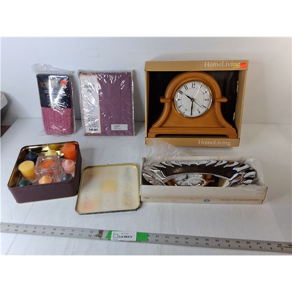Mantle Clock, Scented Candles, Curtains, Tray