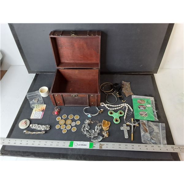 Wooden Jewelry Box 9.25" Long, Mexican & AmericanCoins, Fidget Spinner, Misc.