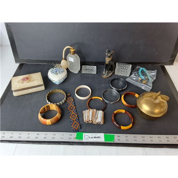 Egyptian Cat Figurine, Bracelets, Stone Jewelry Box, Misc.