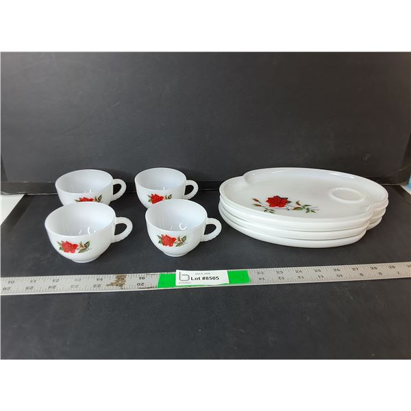 (4) Milk Glass Teacups & Plates