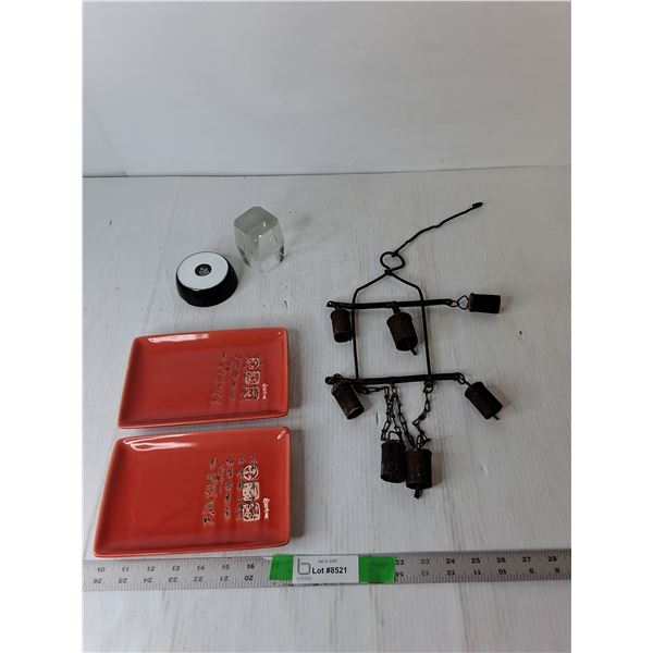 (2) Asian Style Ceramic Trays, Paperweight with Lightup Stand, Vintage Windchime