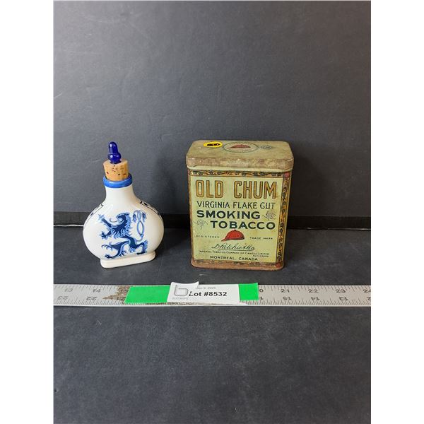 Vintage Old Chum Tobacco Tin & Ceramic Decanter 5" Tall