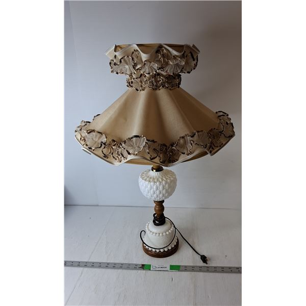 Milk Glass & Wood Lamp with Ruffled Shade- Powers On 30", Cannot Ship